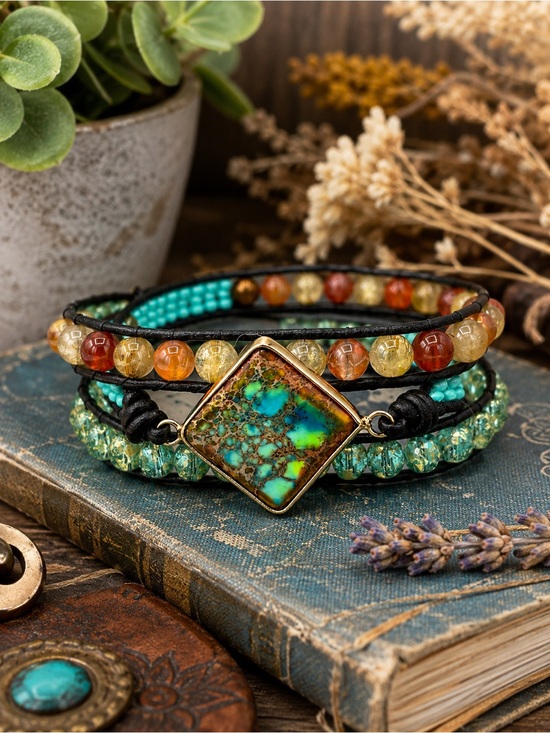 Hand Crafted Jewelry - Hand Crafted Multi-Strand Beaded Wrap Bracelet with Imperial Jasper Pendant